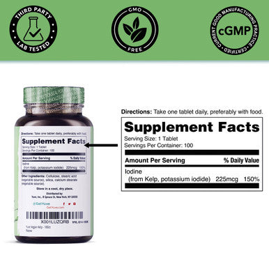Yuve Thyroid Support For Women, Iodine Supplements For Thyroid, 225Mg - Natural Metabolism & Energy, Organic Seaweed From North Atlantic Ocean, Plant-Based, Non-Gmo - 100 Tablets