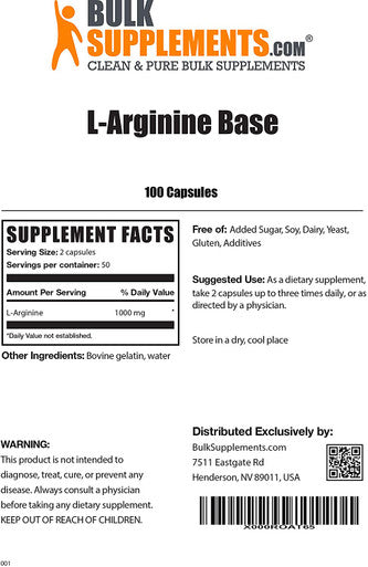 BulkSupplements L-Arginine Base L-Arginine 1000mg - Amino Energy Pre Workout - Arginine Pills - Amino Acid Arginine (100 Gelatin Capsules)