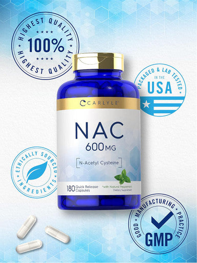 Carlyle NAC N-Acetyl Cysteine 600mg | 180 Capsules | with Peppermint | Form Supplement | Non-GMO Gluten