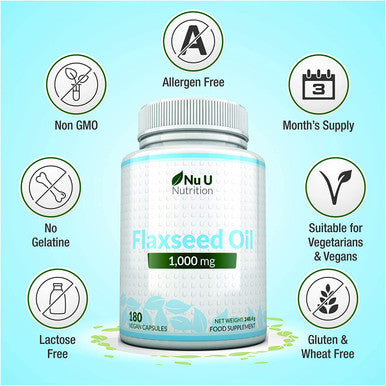Flaxseed Oil 1000mg Vegan - 180 Cold Pressed Vegan Softgel Capsules - Rich in Omega 3 6 9-3 Month Supply - Made in The UK by Nu U Nutrition