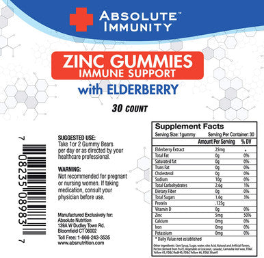 Absolute Immunity ZINC and Elderberry Gummies Immune System Health Adults and Kids 30ct. 2 Pack