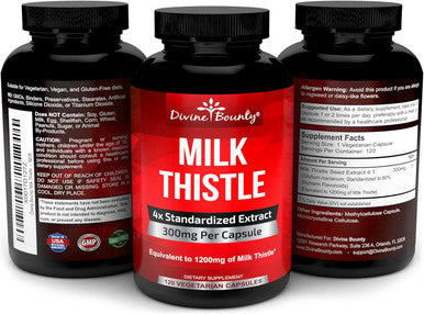 Divine Bounty Pure Milk Thistle Capsules Supplement - A Potent 1200Mg Milk Thistle Supplement With 4X Concentrated Extract (Standardized) 120 Vegetarian Capsules