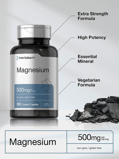 Magnesium 500mg | 180 Caplets | As Magnesium Oxide | Vegetarian, Non-GMO, and Gluten Free Supplement | by Horbaach
