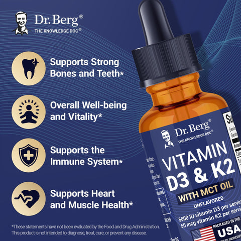 Dr. Berg Maximum Strength Vitamin D3 K2 Liquid Drops with MCT Oil 5000 IU Liquid Vitamin D3 with K2 Supports Strong Bones Heart Energy Immunity and Overall Vitality* Unflavored 1 Fl Oz