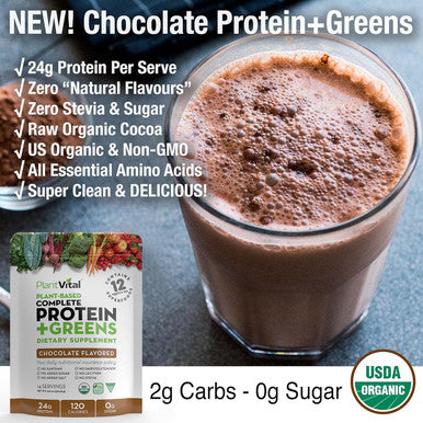 Plantvital Vegan Protein Powder Plant Based, Organic Protein Powder Chocolate, 24G/0G Sugar, 12 Superfoods, Veggies, Probiotics, Raw Cocoa, Kale, Beets, Spirulina, Pea, Gluten-, Keto-Friendly,16Oz