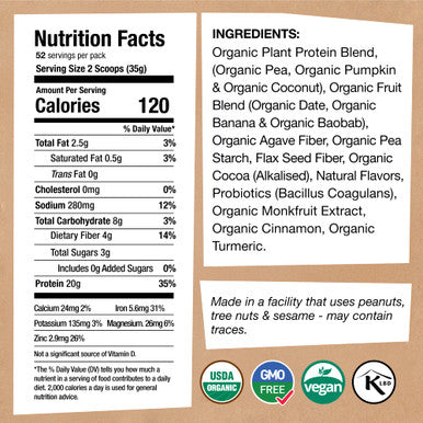 EarthChimp Organic Vegan Protein Powder - with Probiotics - Non GMO, Dairy Free, Non Whey, Plant Based Protein Powder for Women and Men, Gluten Free - 52 Servings 64 Oz (Vanilla) No Scoop