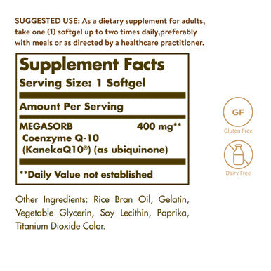 Solgar Megasorb Coq-10 400 Mg 30 Softgels - Supports Heart & Brain Function - Coenzyme Q10 Supplement - Enhanced Absorption - Gluten Free Dairy Free - 30 Servings