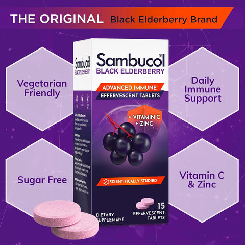 Sambucol Black Elderberry Effervescent Tablets - Elderberry With Zinc And Vitamin C For Adults Elderberry Dissolving Tablets Berries - 15 Count