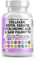 Collagen Pills 1000mg Biotin 10000mcg Keratin Saw Palmetto 2500mg Hyaluronic - Hair Skin and Nails Vitamins and DHT Blocker with Vitamin E Folic Pumpkin Seed MSM - 90 Count