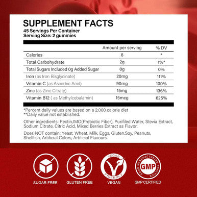 Sugar Iron Gummies For Women Men & Kids-Iron Supplement 20Mg With Vitamin C For Iron Deficiency, No Rust Taste, Gentle Iron For Stomach, Mixed Berries Flavor, 90 Vegan Gummies.