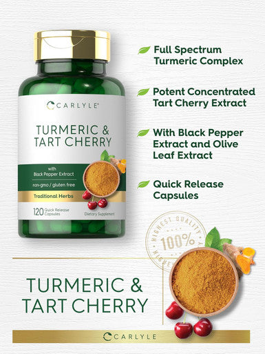 Carlyle Turmeric and Tart Cherry Capsules | 120 Count | with Bioperine | Vegetarian Non-GMO Gluten Supplement