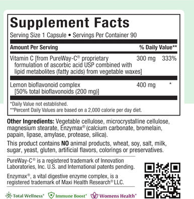 Maxi Health Pure Vitamin C - with Bioflavonoids - Immune & Capillary Support - 90 Capsules - Kosher