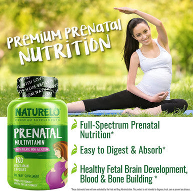 Naturelo Prenatal Multivitamin With Gentle Chelated Iron, Methyl Folate, Plant Calcium & Choline - Vegan, Vegetarian - Non-Gmo - Gluten - 180 Capsules - 2 Month Supply