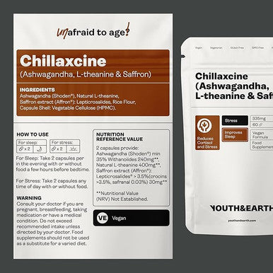 Youth & Earth CHILLAXCINE Supplement - 335mg Ashwagandha High Strength, L theanine & Saffron Supplement for Anxiety Relief, Better Sleep & Chronic Stress Support | 60 Capsules