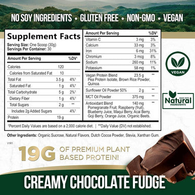 Nature'S Nutrition Premium Vegan Protein Powder Creamy Chocolate Fudge - 19g & 100% Plant Based Protein & Fast Absorbing Premier Isolate for Smoothies & Shakes - Non Dairy Non Whey Soy & Gluten - 30 Servings