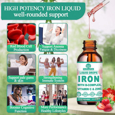 WellVeraVida Liquid Iron Supplement W/Vitamin C, B-Complex, High Potency Iron Liquid W. Multivitamin, Vegan Iron Drops For Women, Kids, Chelate Liquid Iron Supplement For Anemia, Fatigue, Red Blood Cell Support