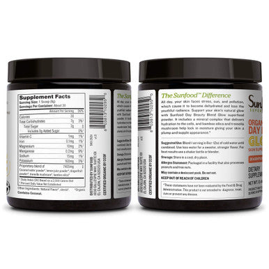 Sunfood Day Beauty Blend Glow. Organic Drink Powder Mix for Healthy Skin. Supports Natural Glow & Locks in Moisture. Mineral Complex, Bamboo Silica, Tremella Mushrooms - 8.46 oz. 30 Servings