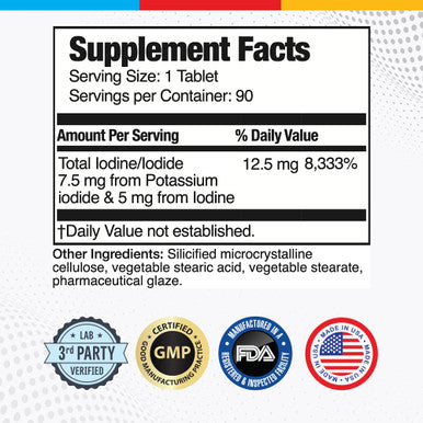 Brain Basics Ultra Iodine Complex Supplement for Thyroid Support, Iodine and Potassium Iodide in One, Iodine Supplement for Thyroid and Brain Health, 12.5 mg Iodine and Potassium Iodide - 90 Tablets