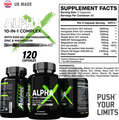 Alpha X Booster for Men - Supplements for Men 180 Capsules - 10 Powerful Active Ingredients & Vitamins Including KSM-66 Ashwagandha, Zinc, Maca Root Extract, Fenugreek - Made in The UK
