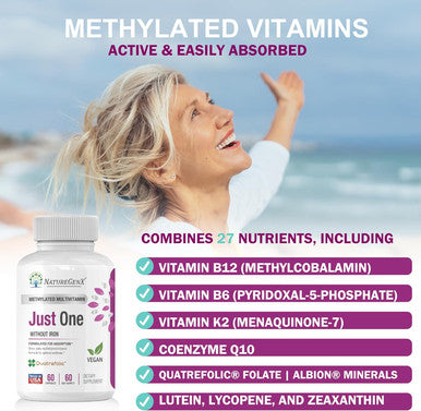 Just One Daily Methylated Multivitamin - 60 Caps Pure Methyl B12, Methylfolate Mthfr Support Supplement Iron Methylated Vitamins For Men & Women 2 Months Supply Gluten Free