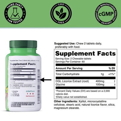 Yuve Vegan Dgl Licorice Chewable Tablets 400Mg - Support Stomach, Gut & Intestinal Relief - Natural Acid Reflux Formula - Ultra Pure Dgl Deglycyrrhizinated Licorice Root Extract Dgl Supplement - 120Ct