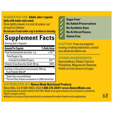 Nature Made Cranberry Supplement 500Mg With Vitamin C For Immune & Antioxidant Support Cranberry Blend For Urinary Tract Health One Per Day 60 Capsules