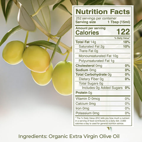 Kevala Extra Virgin Organic Olive Oil - Gluten-Free and Cholesterol-Free Oil Perfect for Frying and Cooking, Smooth Base for a Ranch Dressing, Cold Pressed and Unrefined, Bulk Size 128 oz