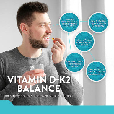 TRUE PROTOCOLS - Vitamin D-K2 Balance - Vitamin D3 (1000 IU) + Vitamin K2 MK7 (120 mcg) + Vitamin A (500 IU) - 120 Bioavailable Softgels For Strong Bones