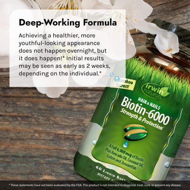 Irwin Naturals Biotin-6000 Supports Healthy Skin Hair & Nails - Strength + Protection With High Potency 6000 Mcg Bamboo Avocado Coconut & More - Maximum Absorption - 60 Liquid Softgels