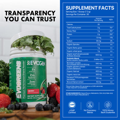 Evogen Evogreens - Super Greens Powder | Promotes Recovery Wellness & Immune Health | Greens Superfood Powder with Spirulina Probiotics Pomanox Pomegranate Extract | Berry | 30 Servings