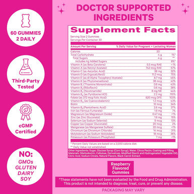 Pink Stork Total Prenatal Vitamin Gummies for Women with Folic Acid Vitamin D and Vitamin B6 to Support Fetal Development and Morning Sickness Pregnancy Must Haves - Raspberry 60 Count