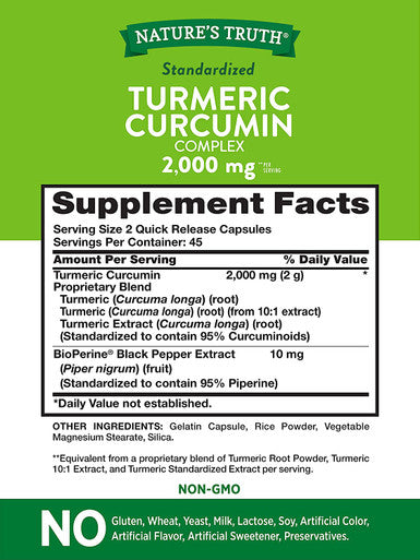 Nature's Truth Turmeric Curcumin 2000 mg, with 95% Standardized Curcuminoids and Bioperine, Non-GMO, Gluten Supplement, 90 Capsules