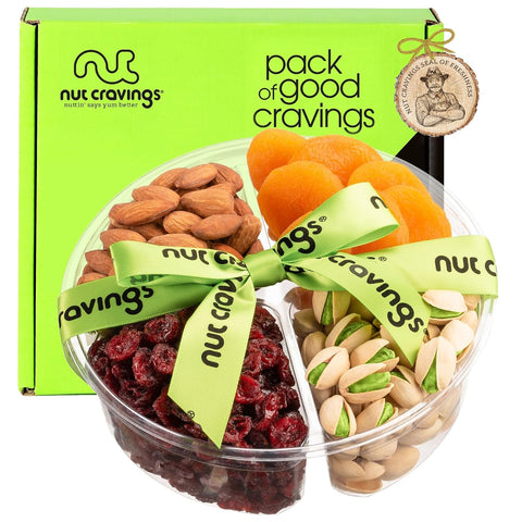 NUT CRAVINGS - Purim Mishloach Manot Mixed Nuts Gift Basket + Green Ribbon (7 Assortments, 1 LB) Ramadan Gifts Treats for Adults, Food Arrangement, Healthy Snack Care Package, Kosher