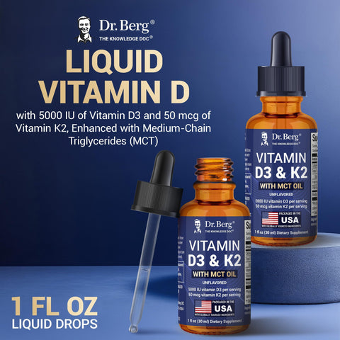Dr. Berg Maximum Strength Vitamin D3 K2 Liquid Drops with MCT Oil 5000 IU Liquid Vitamin D3 with K2 Supports Strong Bones Heart Energy Immunity and Overall Vitality* Unflavored 1 Fl Oz