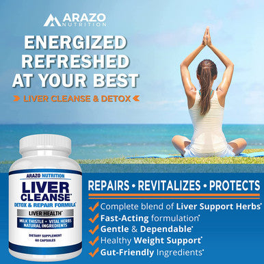 Liver Cleanse Detox Repair Formula Milk Thistle Herbal Support Supplement Silymarin Beet Artichoke Dandelion Chicory Root Arazo Nutrition