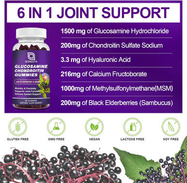 Glucosamine Chondroitin Gummies, Extra Strength 1500Mg Glucosamine With Msm & Elderberry, Joint Support Supplement, Best Cartilage & Immune Support Supplement For Men And Women - 60Count (1 Pack)
