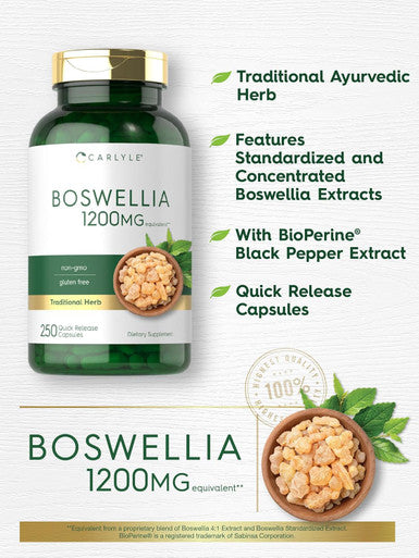 Carlyle Boswellia Extract Capsules 1200mg | 250 Count | Boswellia Serrata Complex with Black Pepper Extract | Non-GMO Gluten