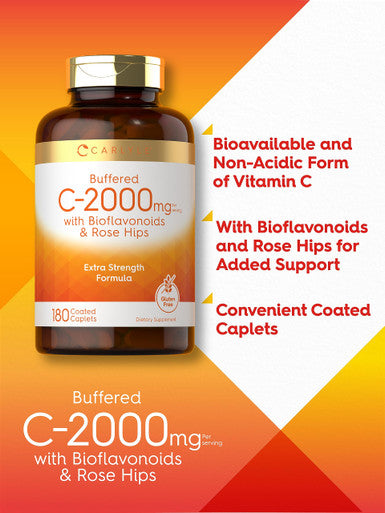 Carlyle Buffered Vitamin C | 2000Mg | 180 Caplets | With Bioflavonoids And Rose Hips | Vegetarian, Non-Gmo, And Gluten Free Suppl