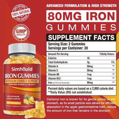 2 Pack Vegan 80Mg Iron Supplement Gummies For Women & Men - Vitamin A, C, B For Adults & Kids - Blood Builder & Energy Support For Iron Deficiency, Anemia, 120 Counts Pineapple Flavor Gummies