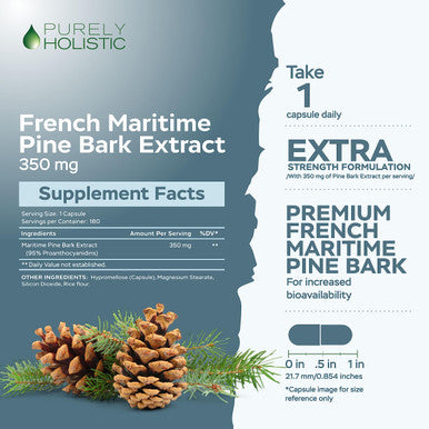 Purely Holistic Pine Bark Extract 350Mg 180 Vegan Capsules 95% Proanthocyanidins - French Maritime Pine Bark Extract - Non Gmo & Pesticide Free Antioxidant Supplement