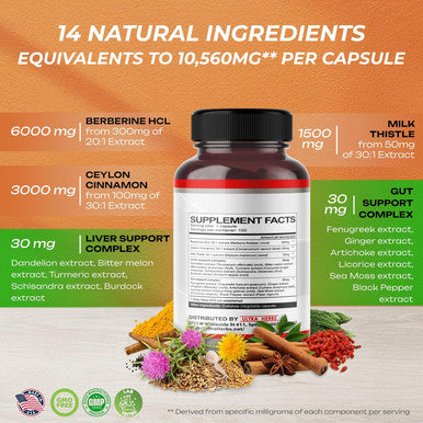 Ultra Herbs Premium Berberine 12200MG with Cinnamon Milk Thistle USA Made & Test Promotes Liver Function Gut Health Immunity (150 Count (Pack of 1))