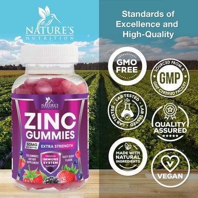 Nature'S Nutrition Zinc Gummies for Adults 50 mg - High Absorption Bone Skin & Immune Health Support Gummy & Antioxidant Chewable Supplement - Non-GMO Vegan & Gluten Zinc Vitamin Mixed Berry Flavor - 120 Gummies