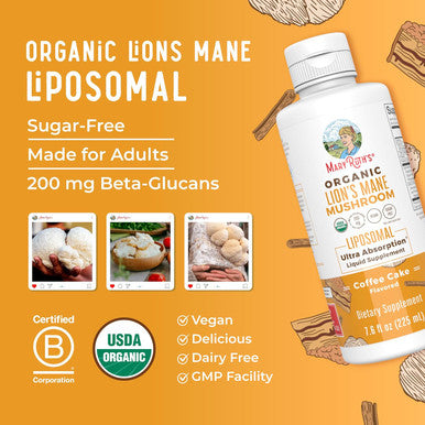 Maryruth Organics Organic Lions Mane Supplement by | Ultra Absorption Liposomal | Full Spectrum Lion's Mane Mushroom | 200mg Beta-Glucans Per Serving | USDA Organic | Vegan | 7.6 oz | 15 Servings