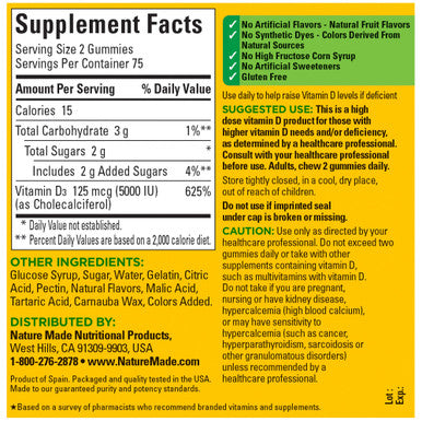 Nature Made Extra Strength Vitamin D3 5000 Iu (125 Mcg) Per Serving Dietary Supplement For Bone Teeth Muscle And Immune Health Support 150 Gummies 75 Day Supply