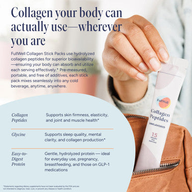 FullWell Unflavored Collagen Peptides Powder Stick Packs - Portable Grass-Fed Bovine Collagen for Skin Health - Tissue Elasticity Support - Pregnancy & Breastfeeding-Safe - 30 Count (30 Servings)