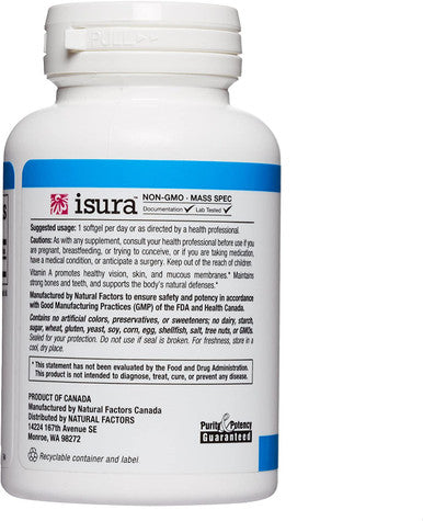 Natural Factors Vitamin A 10000 IU Supports Healthy Bones Teeth Vision and Skin 180 softgels 180 servings
