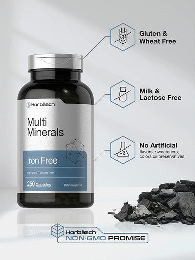 Multi Minerals Supplement | 250 Capsules | Iron Free | Non-GMO, Gluten Free | Complex for Women and Men | by Horbaach