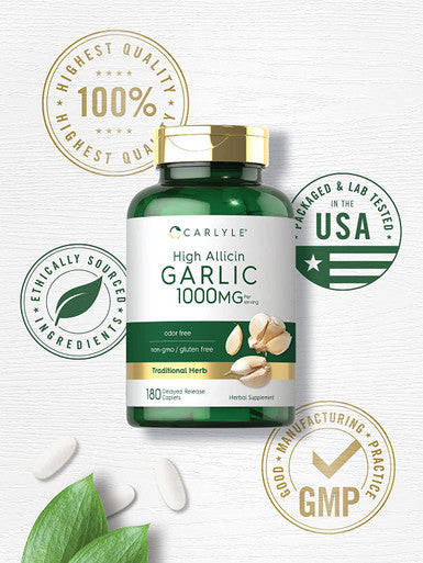 Carlyle High Allicin Garlic Supplement | 180 Caplets | Odorless Garlic Pills | Vegetarian, Non-GMO, Gluten Free