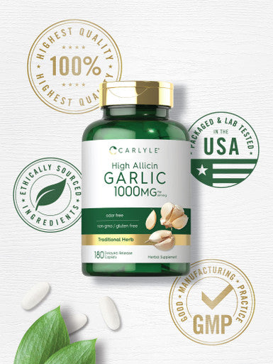 Carlyle Garlic Supplement With High Allicin | 180 Caplets | Odorless Garlic Pills | Vegetarian, Non-Gmo, Gluten Free