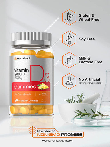 Vitamin D3 2000iu Gummies | 90 Count | Vegetarian, Non-GMO, and Gluten Free Vitamin D Supplement | 50 mcg | by Horbaach